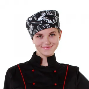 Шапочка повара Таблетка поварёшки и кастрюли на чёрном фоне [00400] – купить в Москве по цене завода