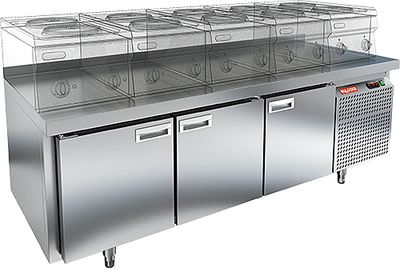 Стол охлаждаемый Hicold SN 111/TN LT О Sh под тепл.оборуд. (-2+10), островн., 3 двери, на низ.ножках